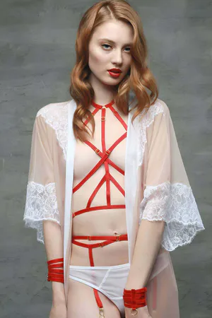 Red Strappy Caged Body Harness Lingerie with Silver Hardware