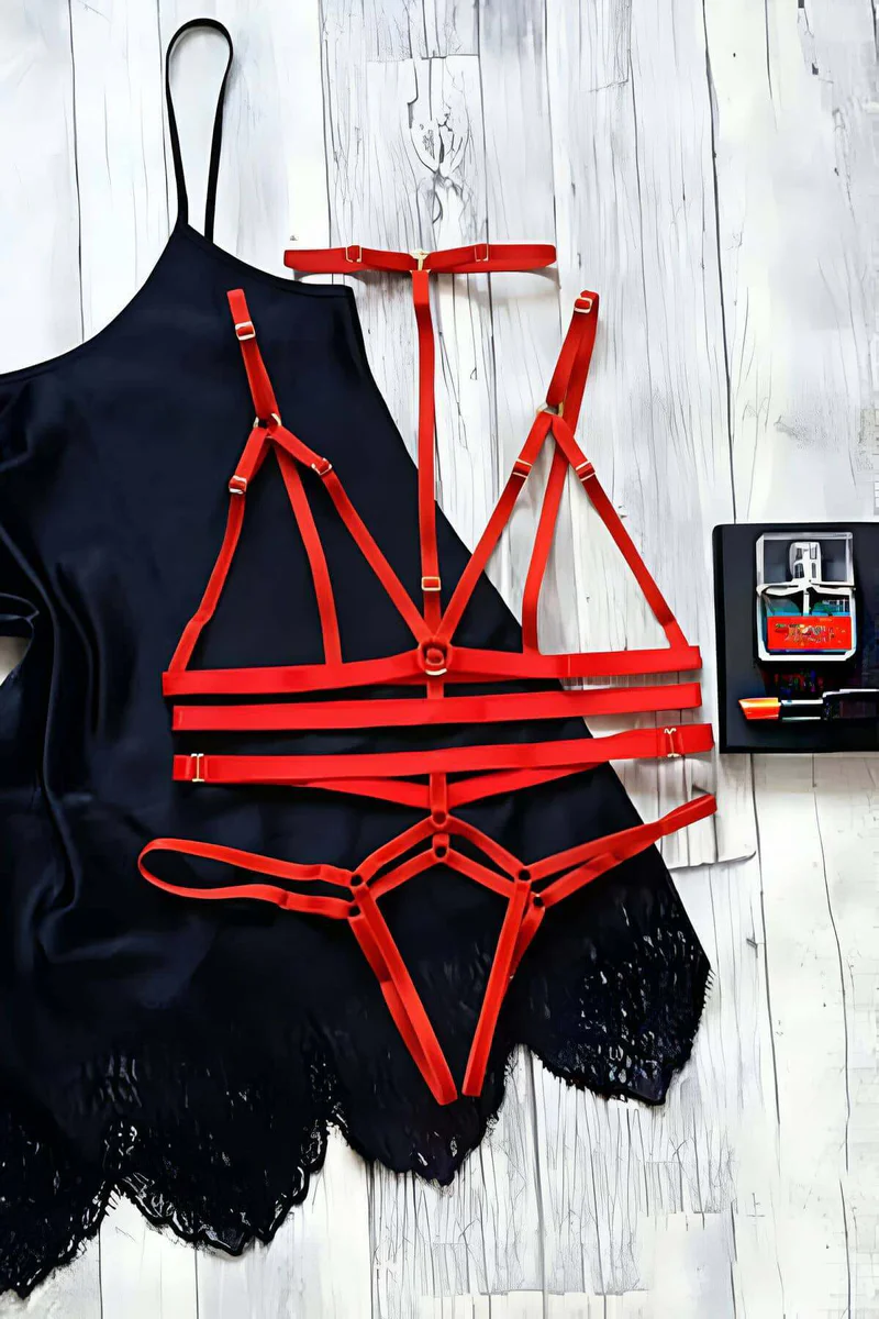 Red Strappy Body Harness Lingerie Set Adjustable Bralette and Thong with Gold Hardware
