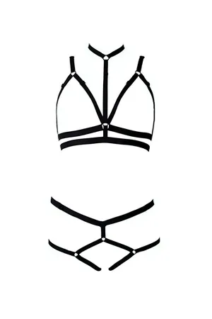 Black Elastic Strap Body Harness and Thong Set adjustable straps
