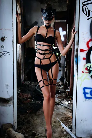Black Faux Leather Full Body Harness with Garters Set