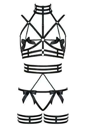 Black Caged Bra Harness Lingerie Set with Open Cups and Thigh Straps