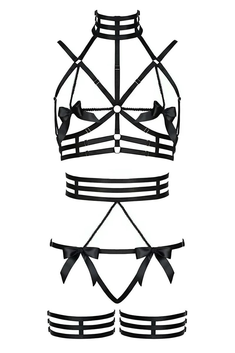 Black strappy open cup harness detail showing front straps and bows