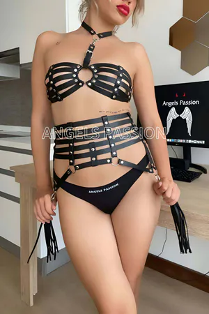 Black Faux Leather Body Harness Set with Silver Studs, Caged Style