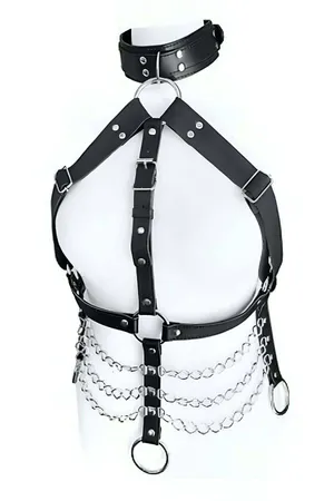 Black Faux Leather Chest Harness Gold Chains Front View