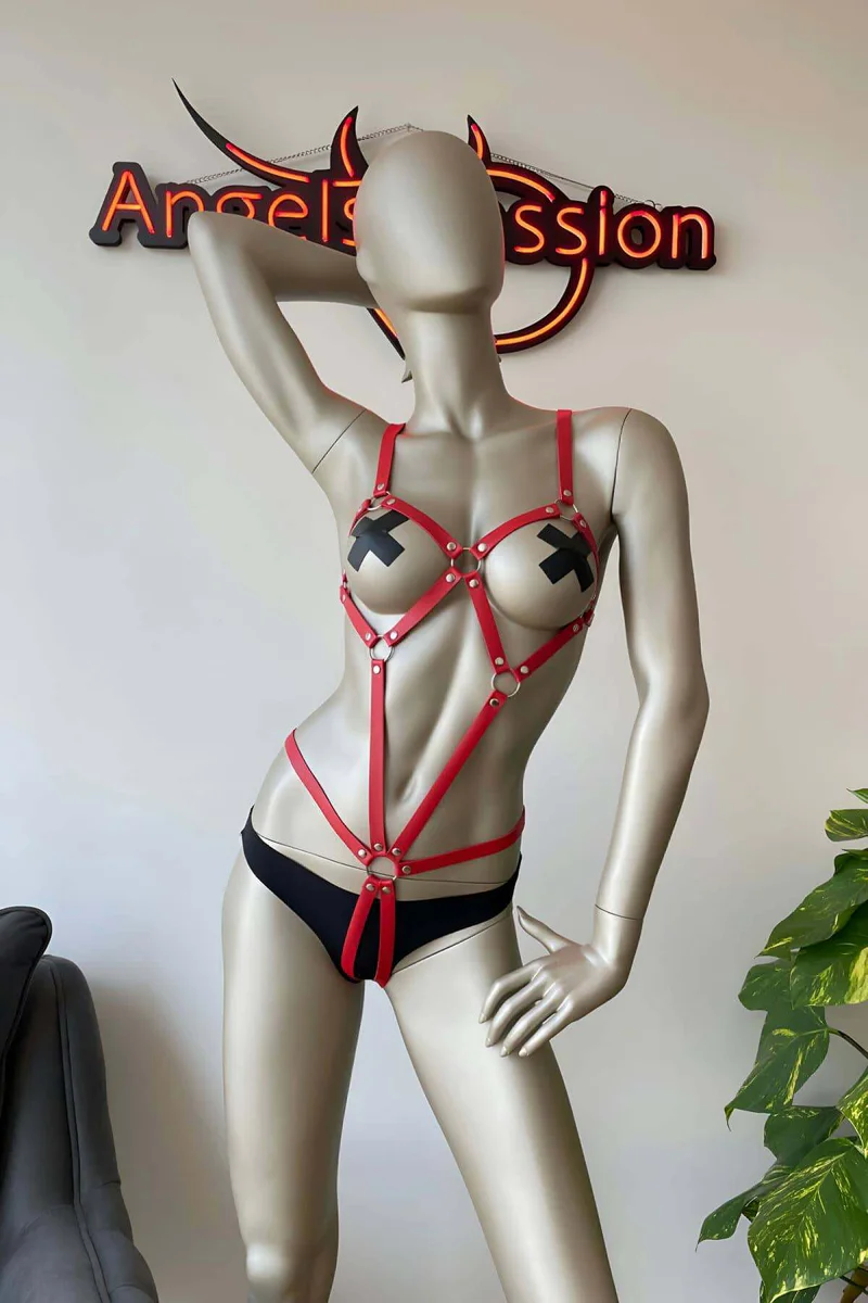 Crimson Body Cage Harness Lower Torso Detail with Hip Straps