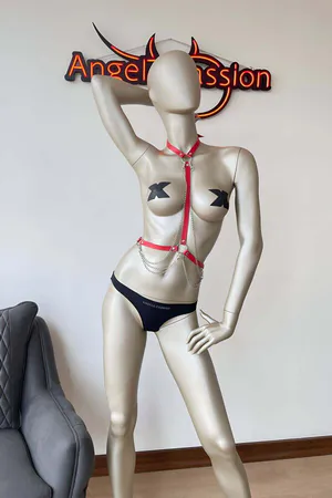 Red Faux Leather Chest Harness with O-Ring, Layered Chains, Adjustable Straps