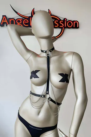 Black Faux Leather Body Harness with O-Ring and Layered Chains over mesh top