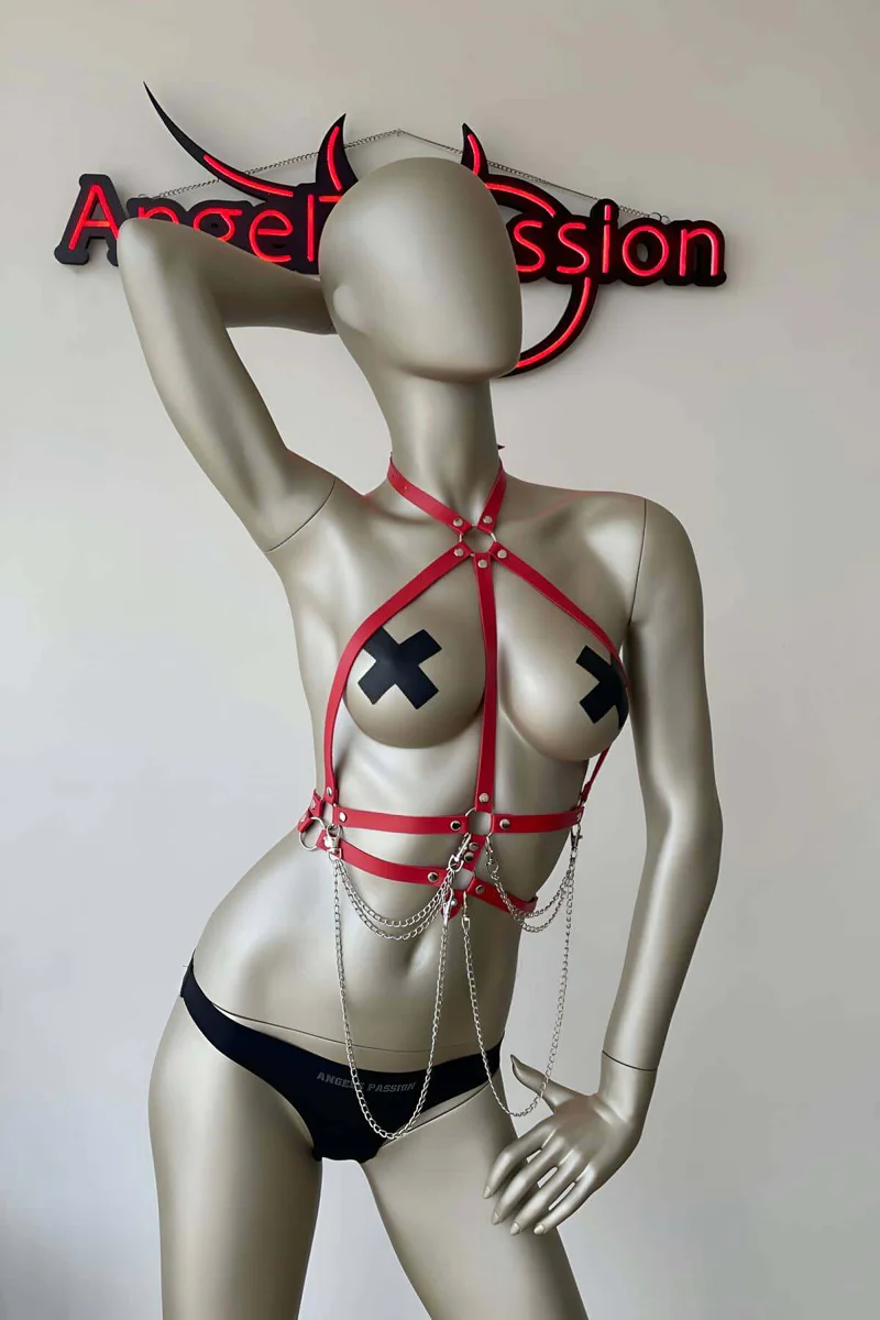Red Body Harness Front View Silver Hardware Detail