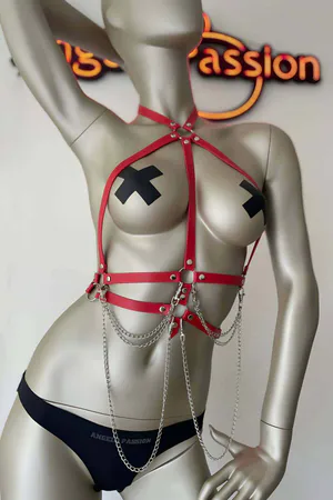 Red Faux Leather Chest Harness Women with Draping Chains and O-Ring