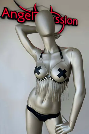 Black Faux Leather Bra Harness with Draping Chains and Studs
