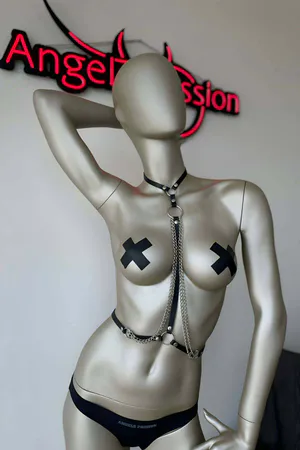Black Faux Leather Chest Harness with Choker and Silver Chains