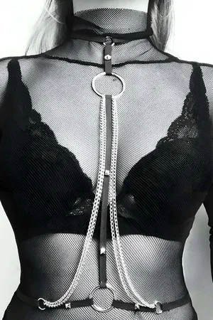 Black Faux Leather Chest Harness with Layered Silver Chains and Studs