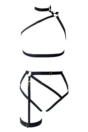 Black Faux Leather Body Harness Set with Choker and Garter Straps
