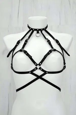 Black Faux Leather Chest Harness with O-Ring Choker for Women
