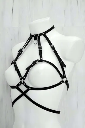Black Faux Leather Chest Harness with O-Ring Choker for Women