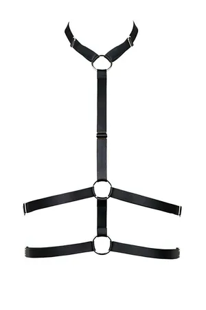 Black Strappy Body Harness Women Silver O-Rings Adjustable Vegan Leather