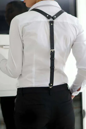 Siyah Suni Deri Pantolon Askısı Harness Ayarlanabilir Metal Tokalar