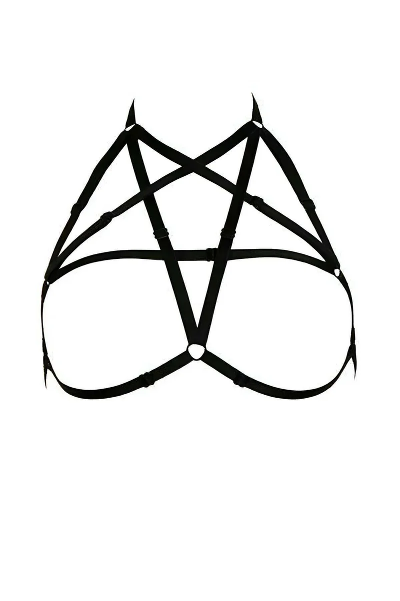 Pentagram Desenli Siyah Göğüs Harness İnce Kumaşlı