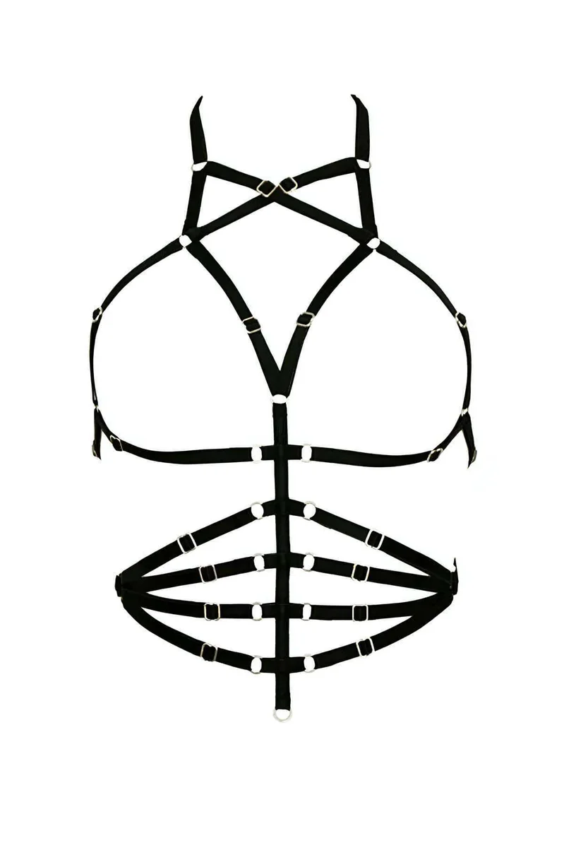 Adjustable strappy body harness side view black faux leather geometric detail