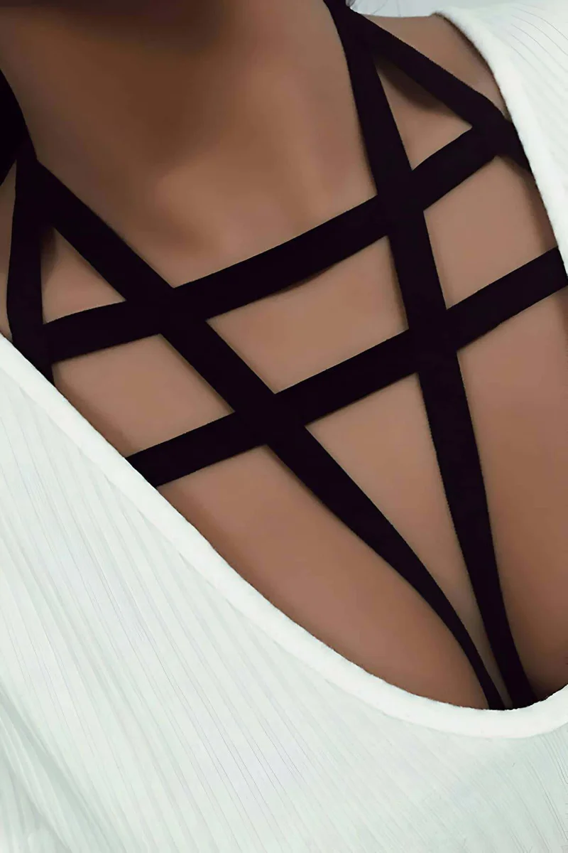 Black geometric harness front detail view