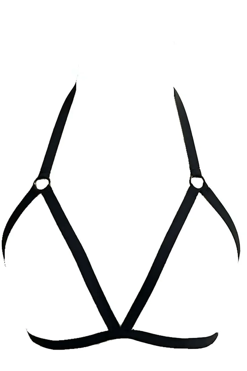 Side view of adjustable straps on a black faux leather chest harness with O-ring detail