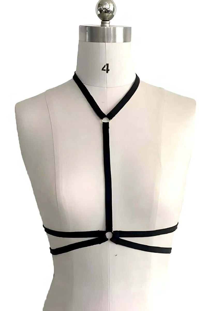 Black lingerie harness with O-ring chest detail and double band