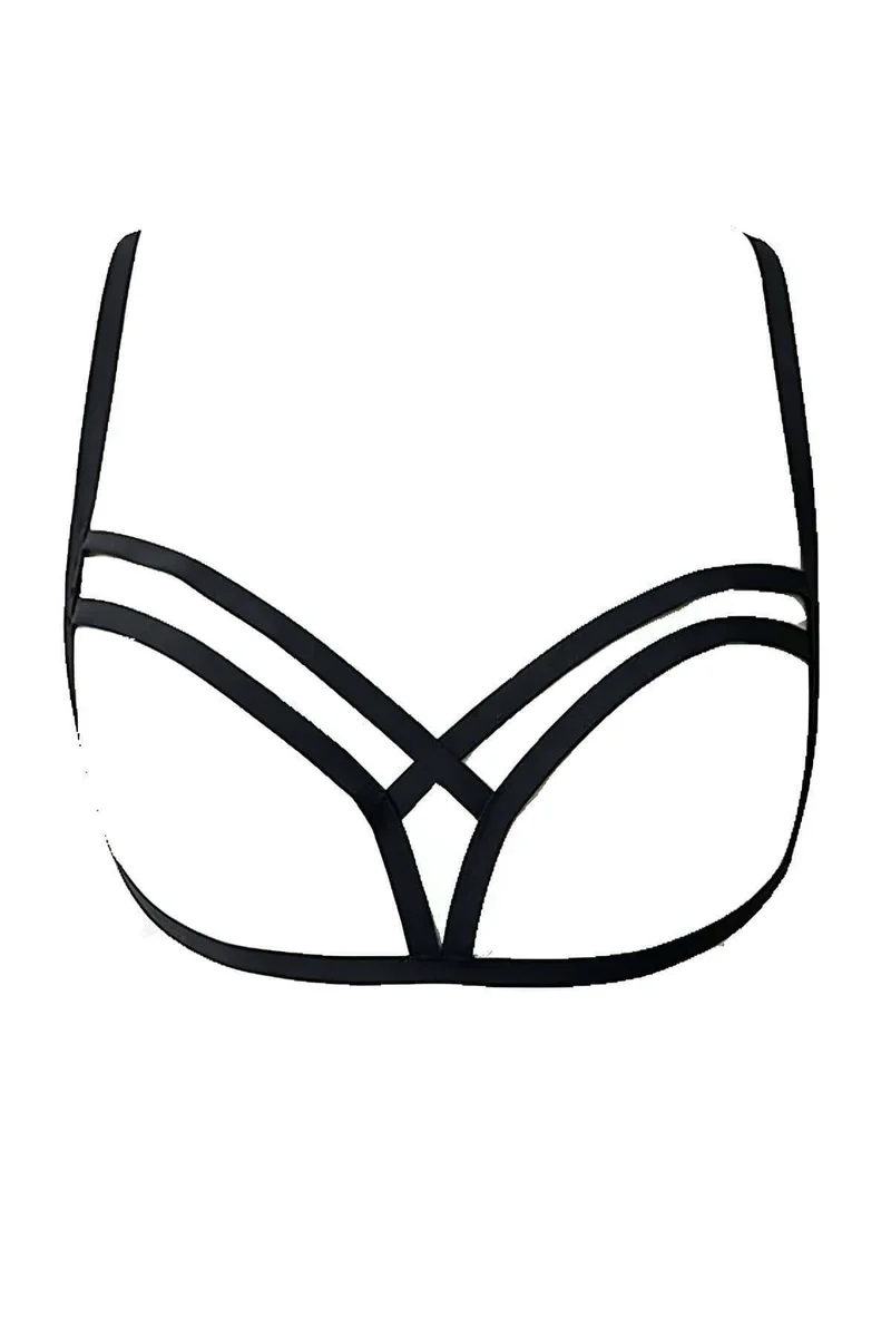Black vegan leather harness bralette front detail straps