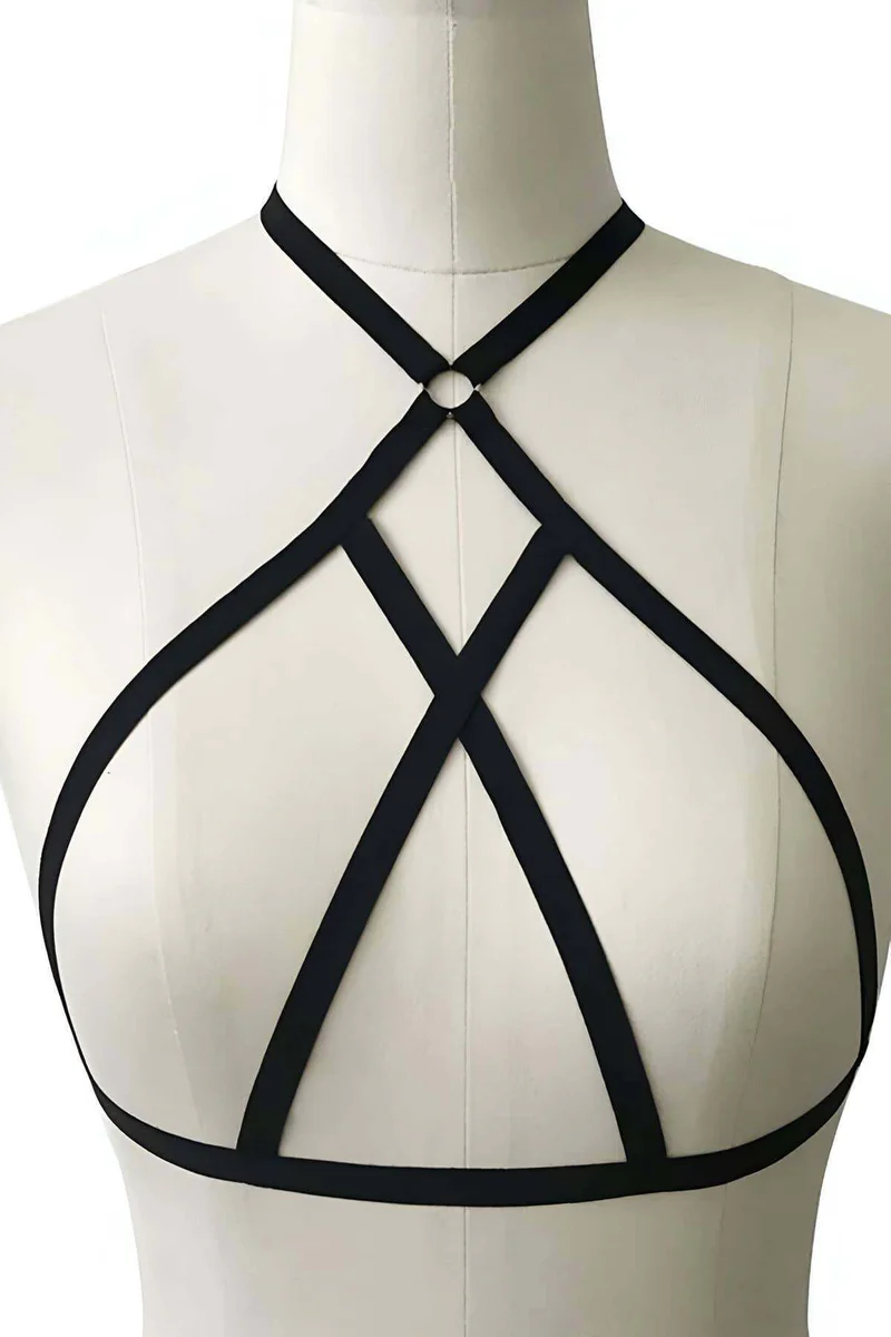 Black body harness with O-ring and criss-cross straps visible from front