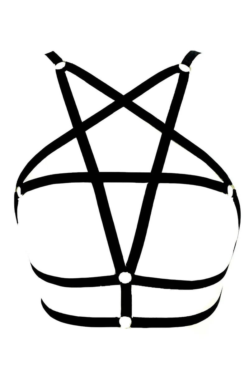 Black pentagram harness O-ring accents showing strap junction detail