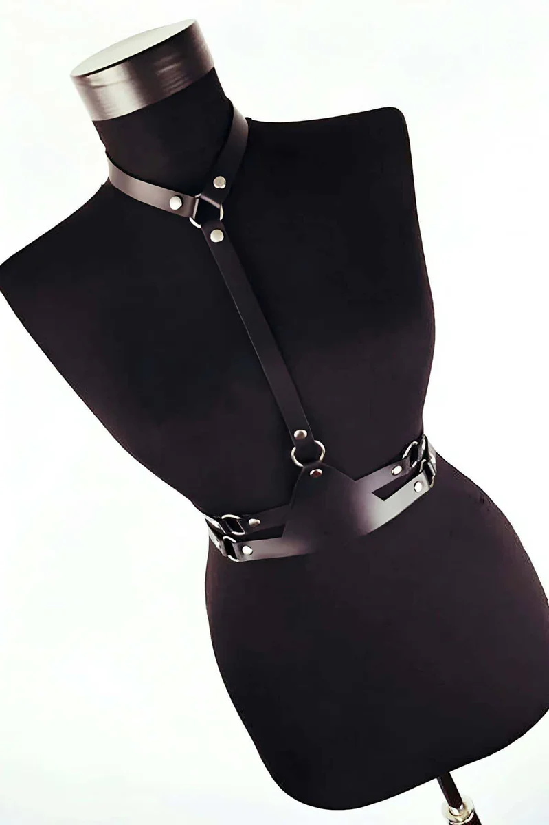 Black Faux Leather Chest Harness Front View with D-Ring