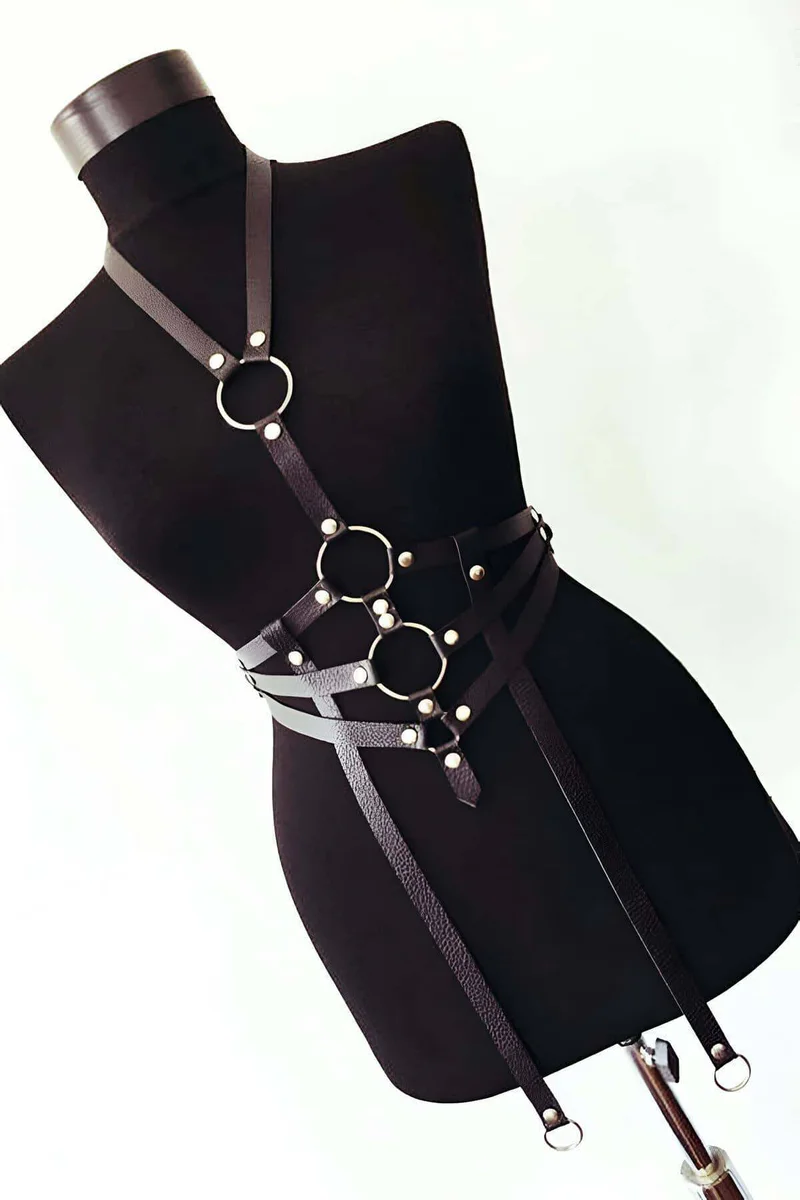 Black Body Harness Back View Cross-Back Strap Detail with Detachable Chain and O-Ring Hardware