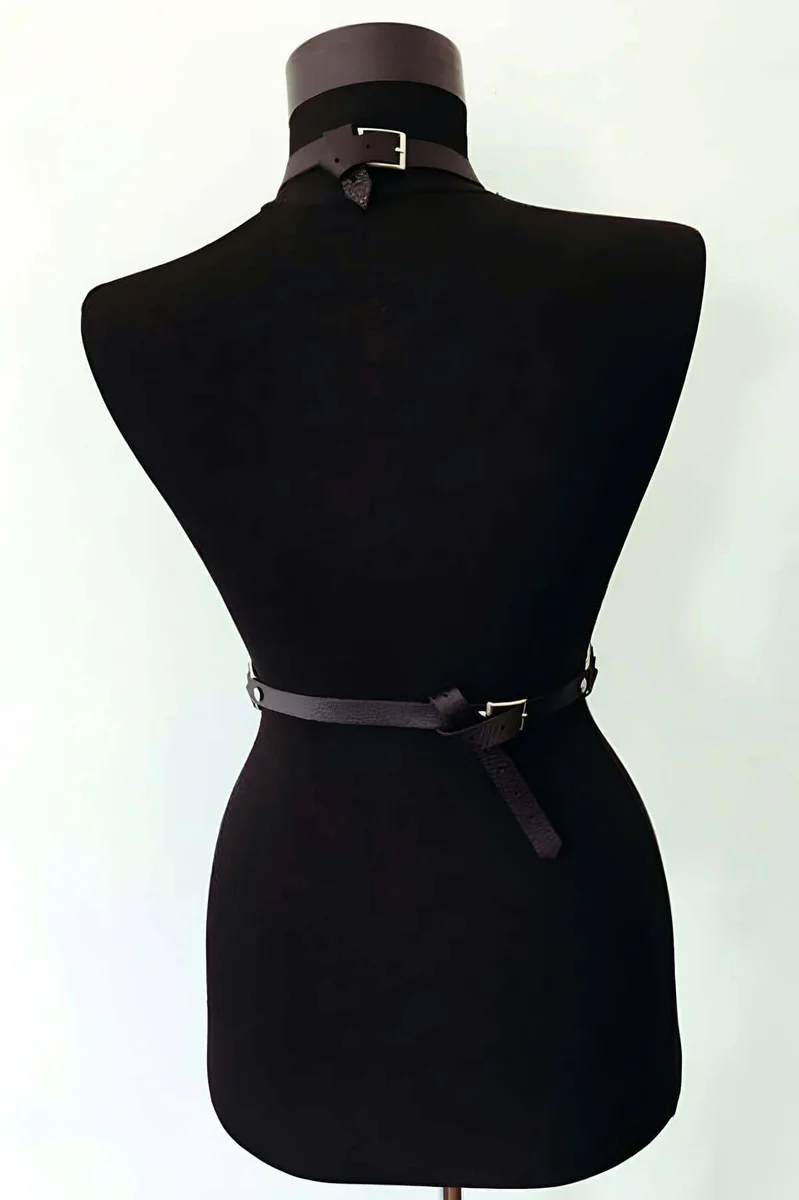 Triple O-Ring Harness Close-Up Silver Hardware Front Black Leather Body Harness with Adjustable Buckle and Neck Strap Detail