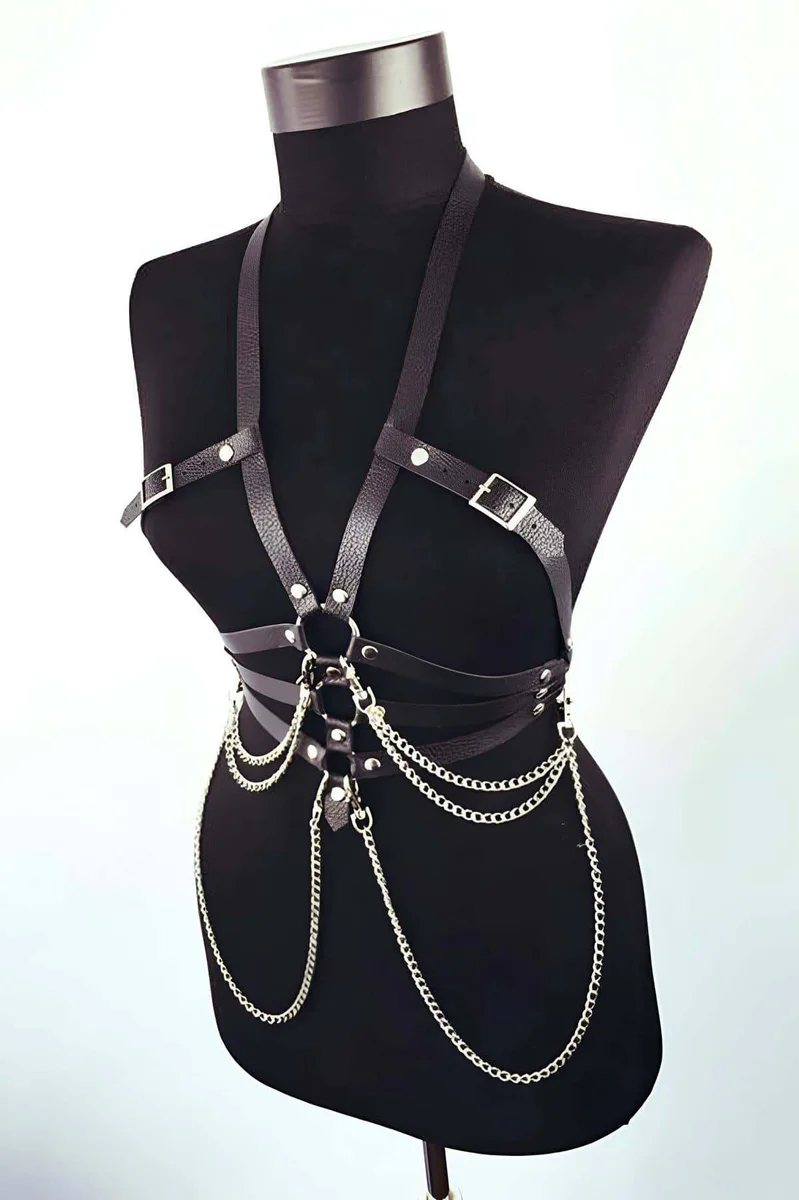 Black body harness with layered silver chains front view