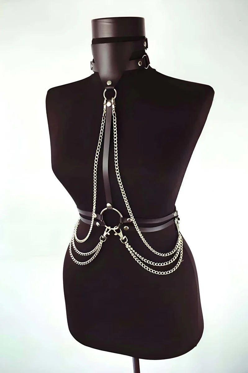 Black faux leather chain harness front view O-ring detail