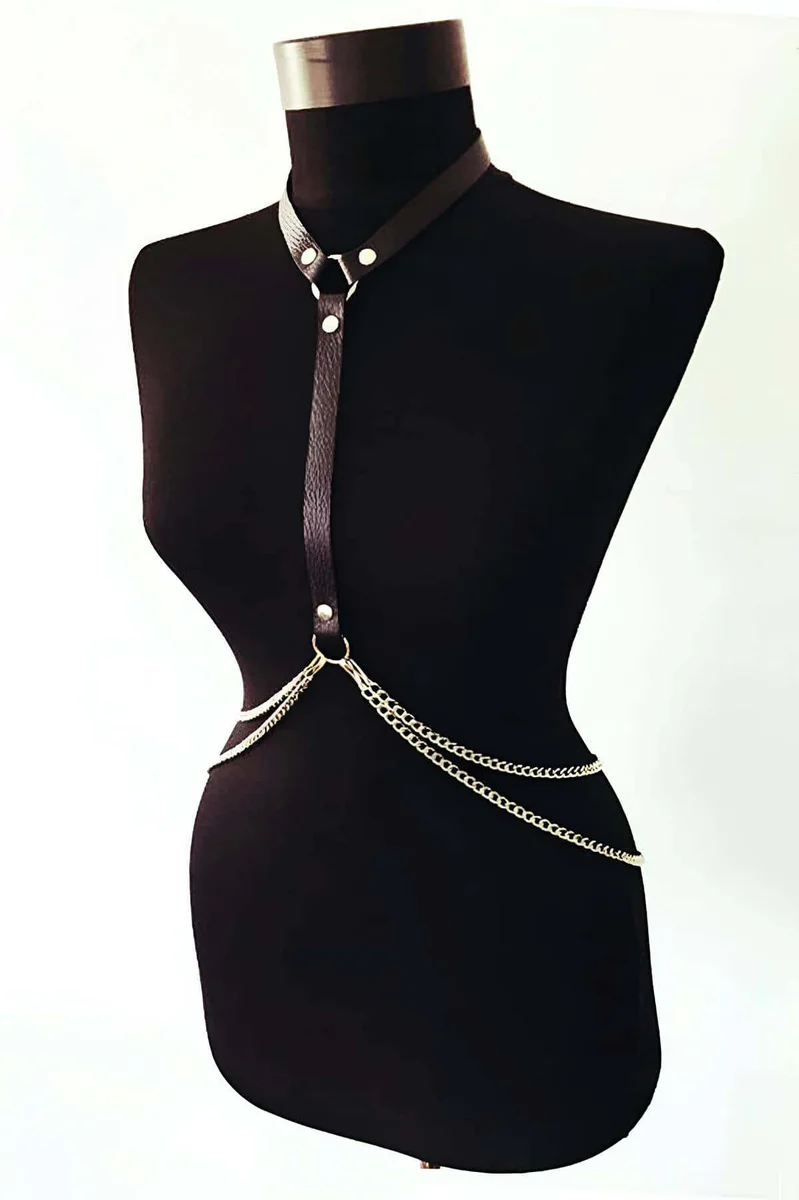 Black faux leather harness with O-ring and silver chains