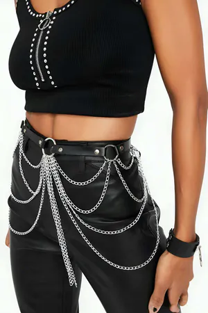 Siyah Suni Deri Zincir Detaylı Kemer Harness Gümüş Metal Zincirli Zımbalı
