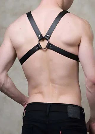 Black Vegan Leather Chest Harness Men Adjustable Buckle Straps O-Ring Center