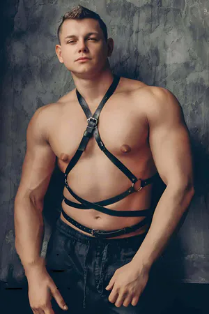 Black Faux Leather Chest Harness Adjustable Waist Straps on Male Model