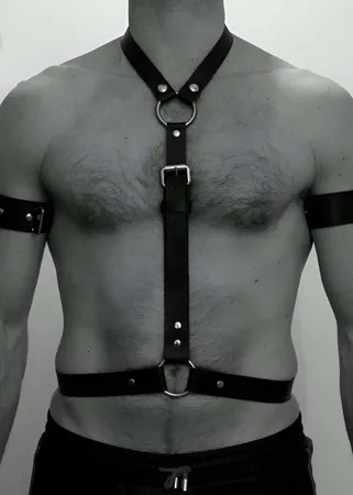 Black Faux Leather Y-Strap Chest Harness Silver O-Ring Buckle Detail