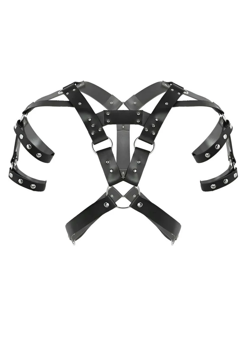 Black Vegan Leather Harness Front View Adjustable Stud