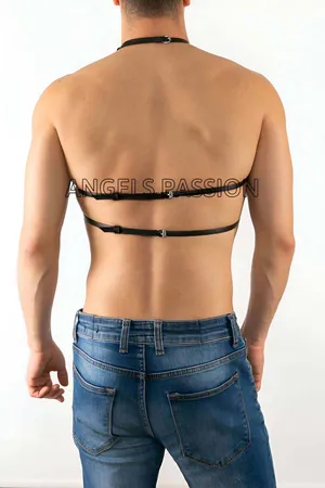 Black Faux Leather Chest Harness with Silver O-Ring and Rivets
