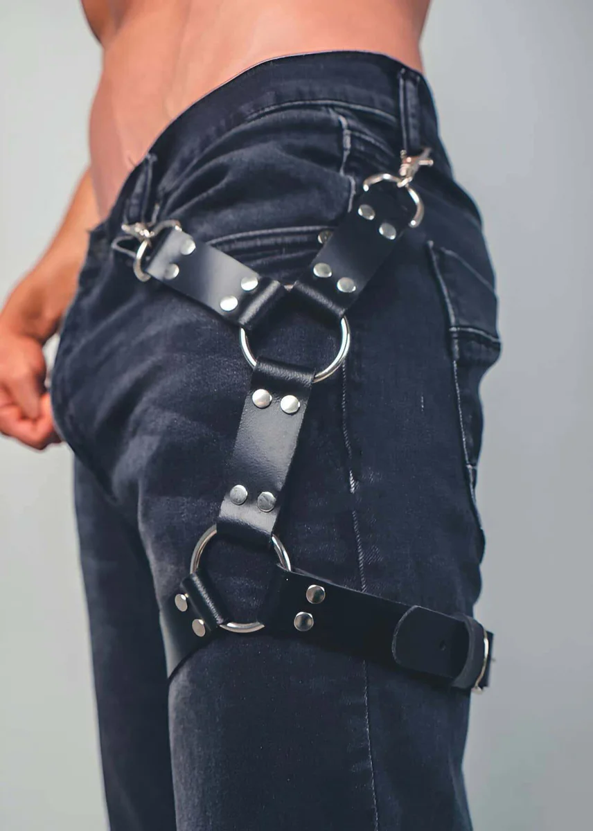 Black Faux Leather Thigh Harness with Silver O-Rings on Dark Jeans
