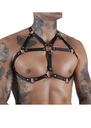 Black Vegan Leather Full Body Harness Adjustable Straps O-Rings