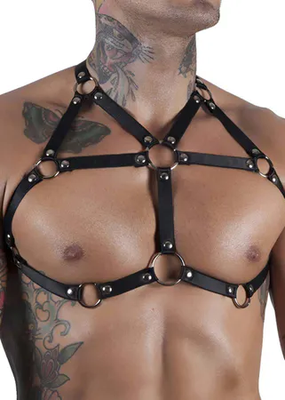 Black Vegan Leather Full Body Harness Adjustable Straps O-Rings
