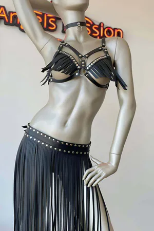 Black Faux Leather Fringe Harness Bra Studded Waist Skirt Set