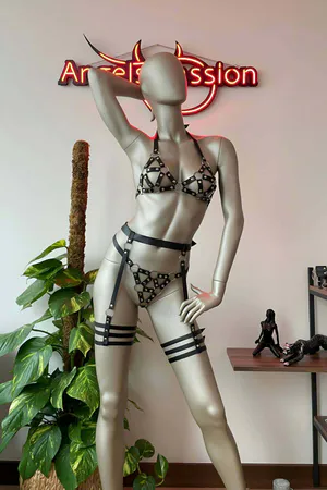 Black Faux Leather Cage Harness Set with Garter Straps Adjustable