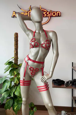 Red Caged O-Ring Faux Leather Body Harness and Garter Set Front View