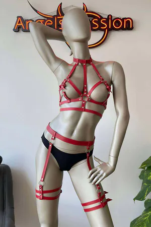 Red Faux Leather Full Body Harness Set Women Adjustable Straps