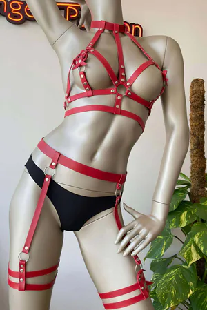 Red Faux Leather Full Body Harness Set Women Adjustable Straps