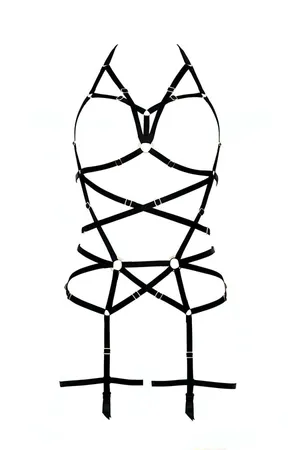 Black faux leather strappy full body harness with O-rings